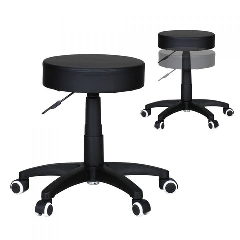 Rootz Work Stool - Design Black Faux Leather - Padded - Stool with Rollers - Backrest-Free