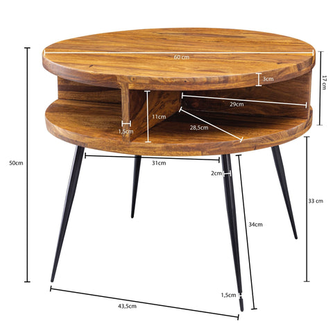 Rootz Side Table - Sheesham Solid Wood - Metal Living Room Table - Design Round Coffee Table with Shelf - Small Brown Table - (60x45x60 cm)