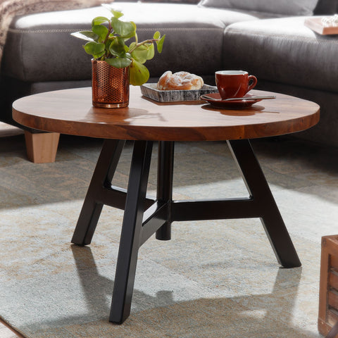 Rootz Coffee Table - Round Metal Coffee Table - Design Living Room Table - Modern Small Side Table - Solid Sheesham Wood - 60x60x35 cm