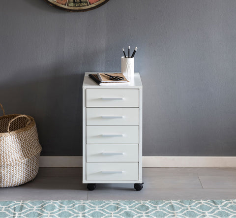 Rootz Roll Container - Wooden Drawer Cabinet for Desk - Office Cabinet with 5 Drawers - Small Stand Container with Rollers - White - 33 x 63 x 38 cm