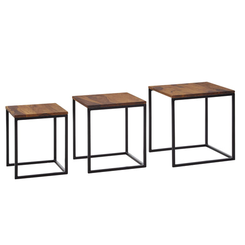Rootz Nesting Tables - Set of 3 Square Modern Side Table - Design Coffee Table - Space-Saving Living Room Tables - Sheesham Wood and Metal