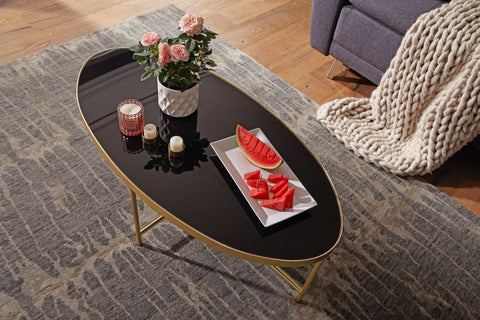 Rootz Coffee Table - Black Glass - Gold Metal Frame - Large Living Room Lounge Table - Oval - 110 x 56 cm