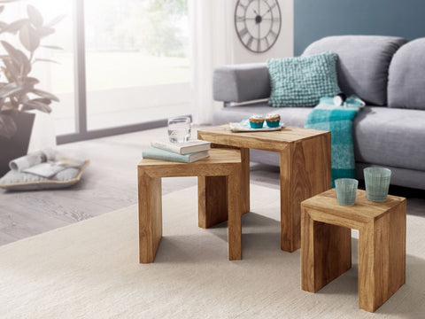 Rootz Nesting Tables - Set of 3 - Acacia Wood - Dark Brown - Country Style - Natural Wood - Living Room Side Tables