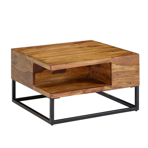 Rootz Coffee Table - Metal Corner Coffee Table - Living Room Table with Storage - Solid Square Coffee Table - Small Modern Side Table - Sheesham Solid Wood - 60x60x34.5 cm