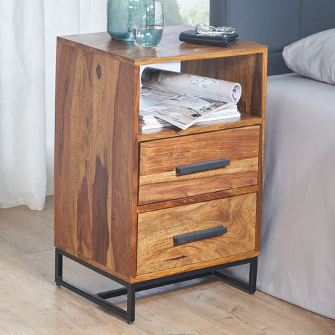 Rootz Industrial Bedside Table - Design with 2 Drawers - Storage Space for Box Spring Beds - Solid Sheesham Wood-Metal - 40x35x66cm