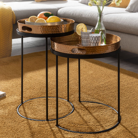 Rootz Round Coffee Table - Set of 2 Gold-Black Metal Hammer Finish Nesting Tables - Round Coffee Table with Removable Tray - Modern 2-Piece Tray Sofa Table