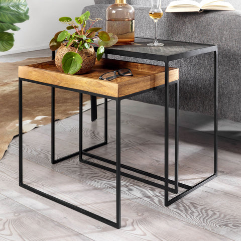 Rootz 2-Piece Living Room Table Set - Stone Side Table & Industrial Design Rectangular Coffee Table - Square Side Table - Nesting Table Placemat - Mango Solid Wood