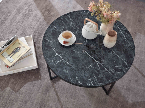 Rootz Coffee Table - Black Marble Look - Metal Frame Living Room Table - Round Table with Side Table - 80x36x80 cm