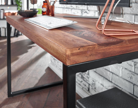 Rootz Sheesham Solid Wood Desk - Metal Frame Computer Table - Small Dark Design Office Desk - 117x59x76.5 cm