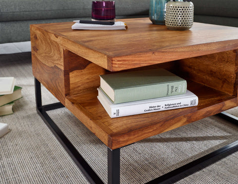 Rootz Coffee Table - Metal Corner Coffee Table - Living Room Table with Storage - Solid Square Coffee Table - Small Modern Side Table - Sheesham Solid Wood - 60x60x34.5 cm