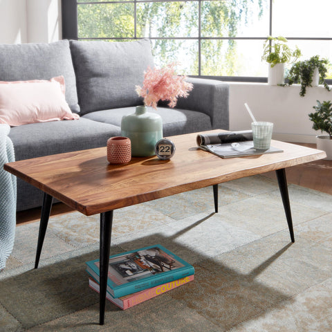 Rootz Coffee Table - Sheesham Wood with Tree Edge - Angular Metal Frame - Large Modern Living Room Table - 110x60x40 cm