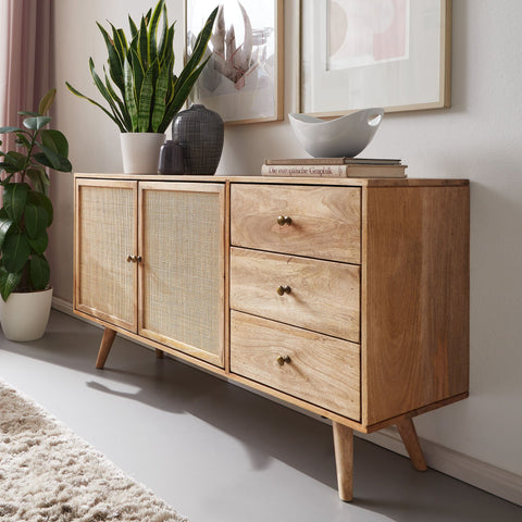 Rootz Sideboard - 3-Drawer Chest - High Solid Wood Chest - Living Room Standing Cabinet - 2 Door Compartments - Solid Mango Wood - 140x75x40cm