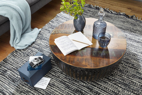 Rootz Coffee Table - Wood & Metal - Industrial Living Room Table - Wire Basket Table - Round Design Lounge Table - 70x33x70cm