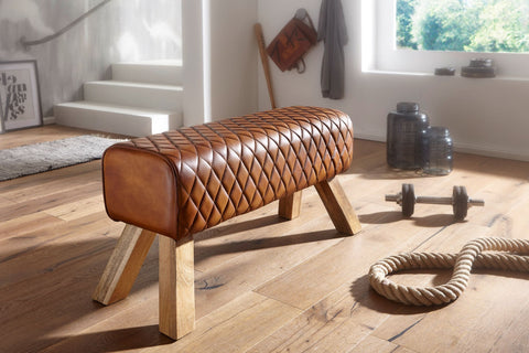 Rootz Bench - Genuine Leather - Modern Turnbock Leather - Springbok Leather Stool - Padded Gymnastics Bench - Solid Wood - 89x46x35cm