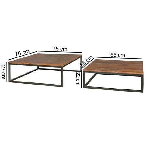 Rootz Table Set - Sheesham Wood - Living Room - Solid Wood Design - Palisander Lounge Table with Metal Legs - 75 x 75 x 27 cm