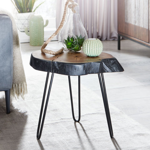 Rootz Acacia Wood Side Table - Industrial Metal Legs - Tree Edge Design - Solid Coffee Table with Hairpin Legs - Small Table for Living Room - 40x40x32cm