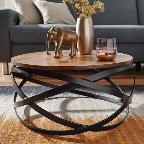 Rootz Coffee Table -  Sheesham Wood - Metal Base - Round Design for Living Room - 60x30x60cm