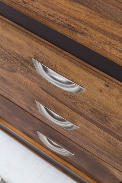 Rootz Sideboard - Sheesham Solid Wood - Rustic Country Style - Chest with Drawers and Doors - Imitation Leather - 160x44x80cm