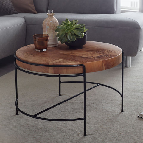 Rootz Coffee Table - Round Living Room Table with Metal Legs - Small Designer Industrial Table - Acacia Solid Wood - Metal - 62x40x62 cm