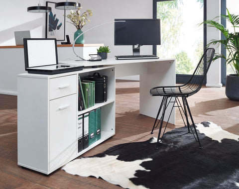 Rootz Corner Desk with Shelf - White Design - Modern Office Desk for Study and Home Office - 120x75.5x106.5cm