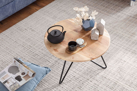 Rootz Round Coffee Table - Acacia Solid Wood - Metal Legs - Design Living Room Table - Solid and Compact Coffee Table - (60x39.5x60 cm)