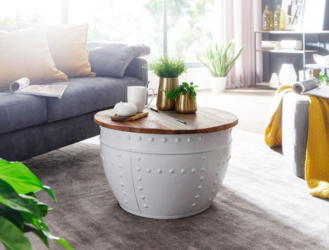Rootz Industrial Round Coffee Table - Mango Wood and Metal - White - Design Living Room Table with Storage - Modern Lounge Sofa Table - 60x36x60 cm