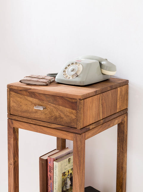Rootz Side Table - Sheesham - Solid Wood Telephone Table with Drawer - 35x35x90cm