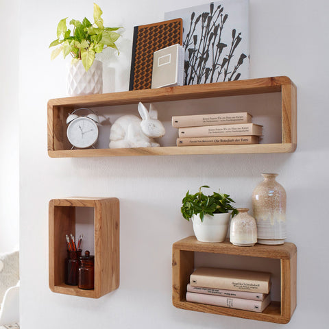 Rootz Wall Shelves - Set of 3 Wooden - Acacia - Country Style - Rustic Design - Square Hanging Shelves - Real Wood - Wall Shelves - Hanging Dice - Shelf Wall Boxes