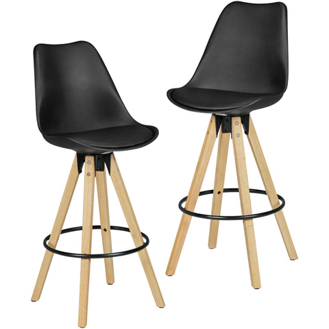 Rootz Bar Stools - Retro Design - Black Wood with Backrest - Scandinavian Style Bar Chairs (Set of 2) - 77 cm Seat Height