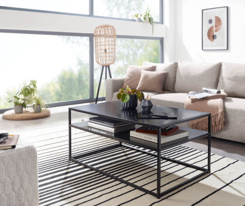 Rootz Coffee Table - Steel Coffee Table with Storage - Square Lounge Table with Storage Compartment - Industrial Black - 100x60x45 cm