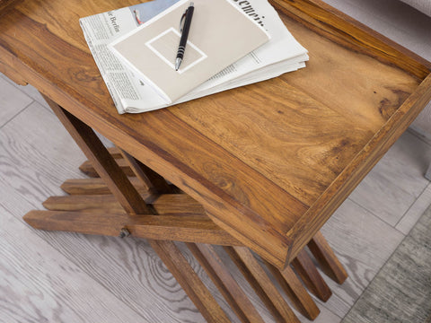 Rootz Folding Table - Sheesham - Solid Wood Design with Serving Tray - Foldable Country Style Table