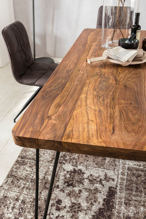 Rootz dining table solid wood Sheesham 160cm dining table wooden table Metal legs kitchen table Landhaus dark-brown