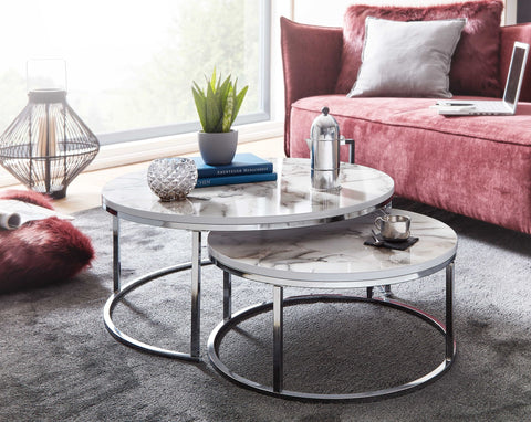 Rootz Coffee Table - White Silver Marble Look - Set of 2 Modern Round Coffee Table - Metal Side Table - Design Nesting Tables