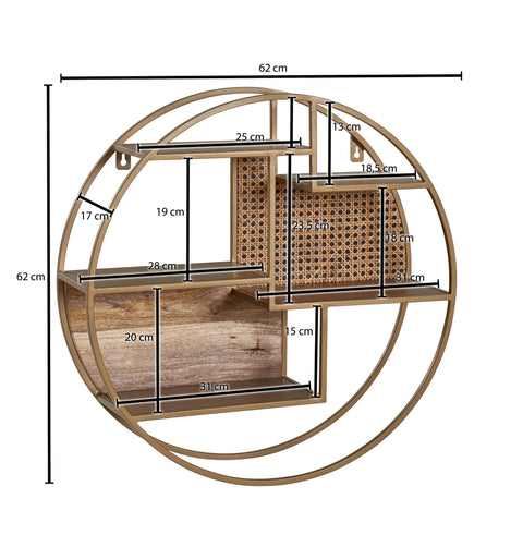Rootz Rattan Wall Shelf - Solid Wood and Metal - Industrial Hanging Shelf - Round Wall-mounted Shelf - Open Living Room Shelving -  62x62x17 cm