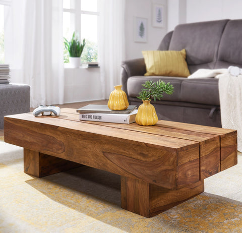 Rootz Coffee Table - Solid Wood - Sheesham - 120cm Wide - Country Style Living Room Table - Dark-Brown