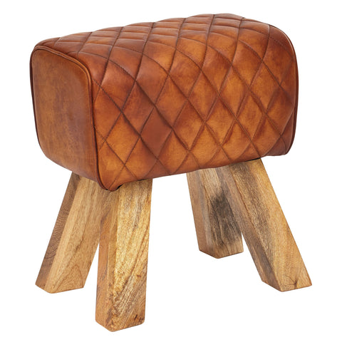 Rootz Stool - Real Leather - Modern Footstool - Turnbock Brown Leather Stool - Small Upholstered Wooden Stool - Solid Wood - 40x48x27cm