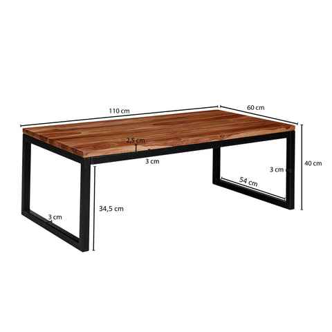 Rootz Coffee Table - Metal Living Room Table - Industrial Designer Style - Solid Lounge Table - Sheesham Solid Wood - 110x40x60cm