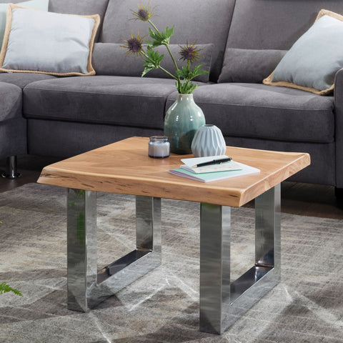 Rootz Coffee Table - Acacia Wood - Metal Frame - Rustic Brown - Small Solid Wood Living Room Table - Country House Style Sofa Table - 58x40x60cm