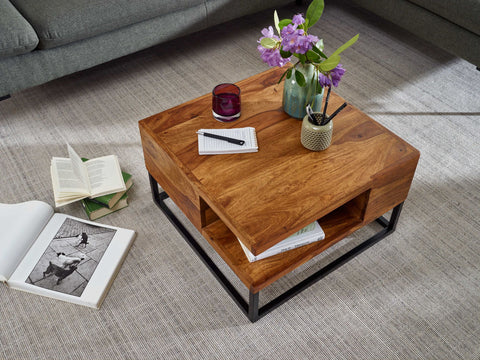 Rootz Coffee Table - Metal Corner Coffee Table - Living Room Table with Storage - Solid Square Coffee Table - Small Modern Side Table - Sheesham Solid Wood - 60x60x34.5 cm