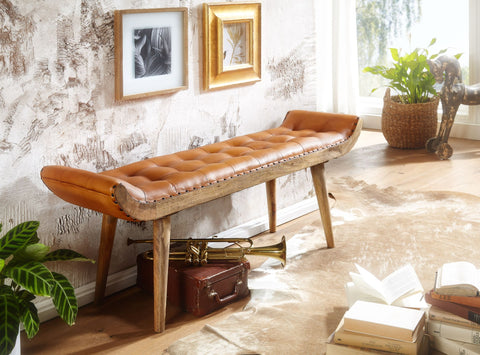 Rootz Bench - Genuine Leather - Solid Wood - Brown - Chesterfield Design - Upholstered Hallway Bench - 125x50x38 cm