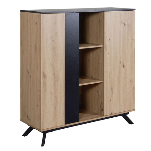 Rootz Highboard - Oak Decor with Black MDF - Modern Freestanding Sideboard with 2 Doors and Shelf - Metal Legs - 110x125x40 cm