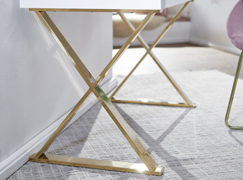 Rootz Desk - Golden Metal Legs - Modern Design Computer Desk - Office Desk with Drawers - Wood High Gloss White - 118x76x57 cm