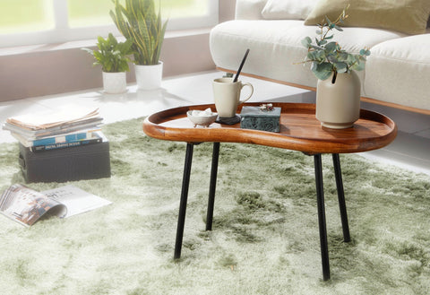 Rootz Coffee Table - Sheesham Wood - Kidney Shape with Metal Legs - Modern Living Room Table - 71x42x40cm