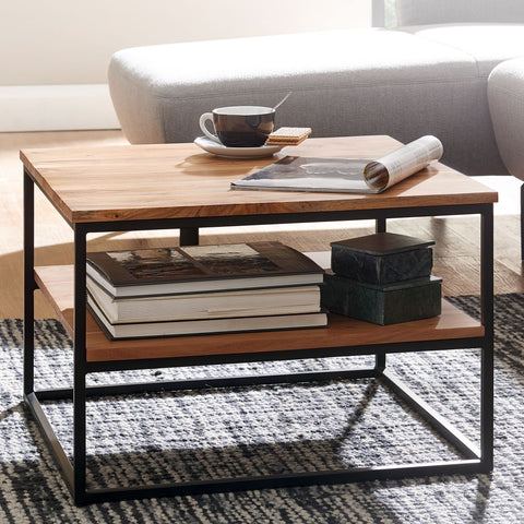 Rootz Coffee Table - Acacia Wood with Metal Frame - Industrial Style Living Room Table - Square Design with Storage Space - 60x60x41cm