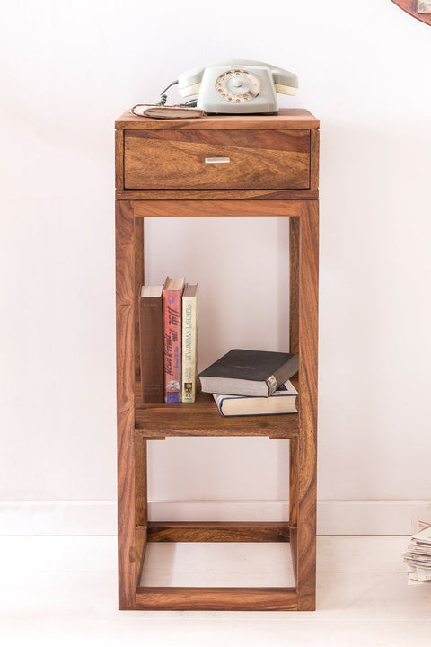 Rootz Side Table - Sheesham - Solid Wood Telephone Table with Drawer - 35x35x90cm