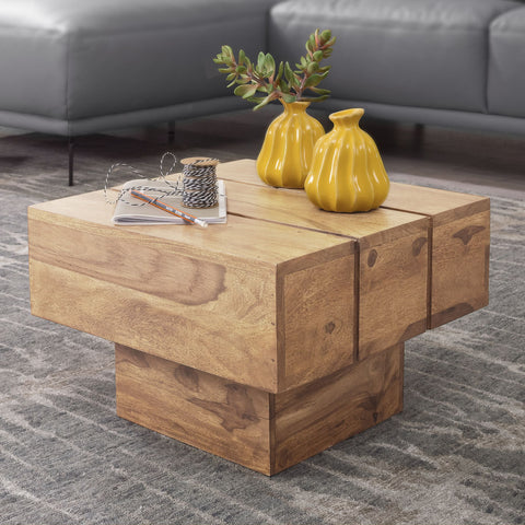 Rootz Coffee Table - Acacia Wood - Solid Wide Cube Square Coffee Table - 44x44x30 cm