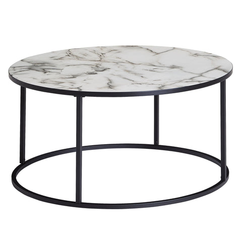 Rootz Round Coffee Table - White Marble Look - Modern Living Room Table with Black Metal Frame - 80x40x80 cm