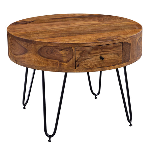 Rootz Round Coffee Table - Sheesham Solid Wood - Metal Legs - Side Table with Drawers - Small Brown Table - (60x44.5x60 cm)