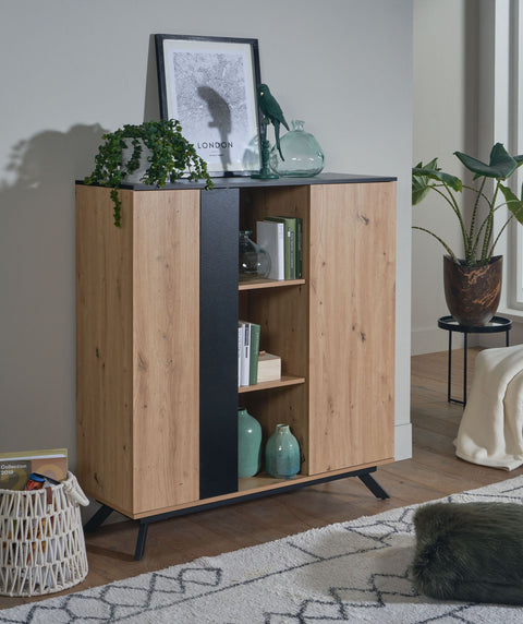 Rootz Highboard - Oak Decor with Black MDF - Modern Freestanding Sideboard with 2 Doors and Shelf - Metal Legs - 110x125x40 cm
