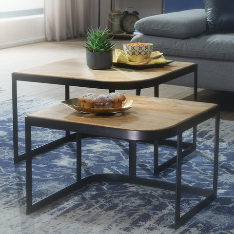 Rootz Coffee Tables - Light Living Room Table - Industrial Nesting Side Table with Black Metal Legs - 2-Piece Wooden Placemat Nesting Tables - Set of 2 Mango Wood and Metal